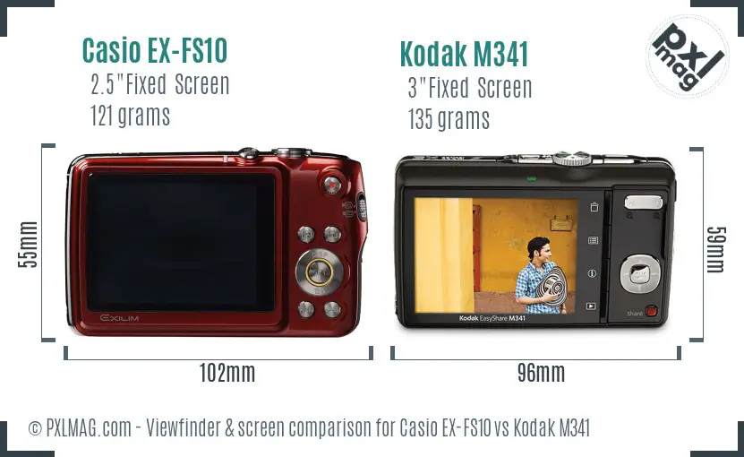 Casio EX-FS10 vs Kodak M341 Screen and Viewfinder comparison