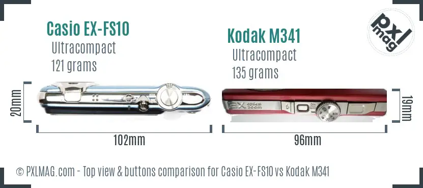 Casio EX-FS10 vs Kodak M341 top view buttons comparison