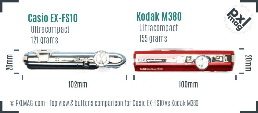 Casio EX-FS10 vs Kodak M380 top view buttons comparison