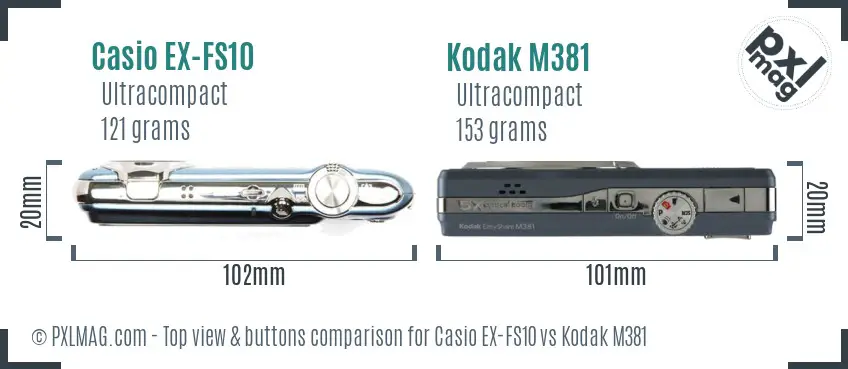 Casio EX-FS10 vs Kodak M381 top view buttons comparison Casio EX-FS10 vs Kodak M381 top view buttons comparison