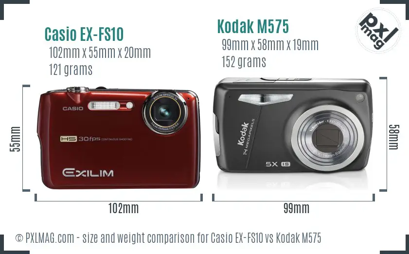 Casio EX-FS10 vs Kodak M575 size comparison