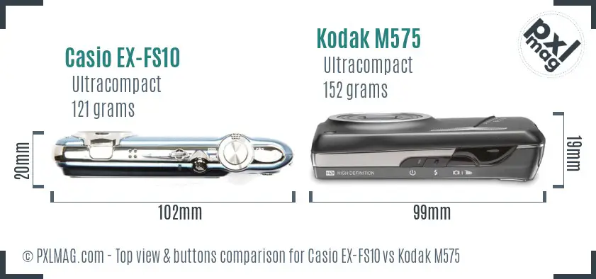 Casio EX-FS10 vs Kodak M575 top view buttons comparison