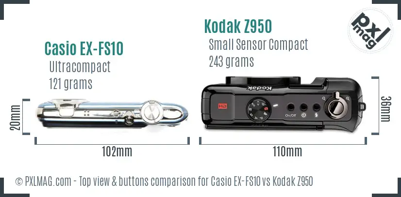 Casio EX-FS10 vs Kodak Z950 top view buttons comparison