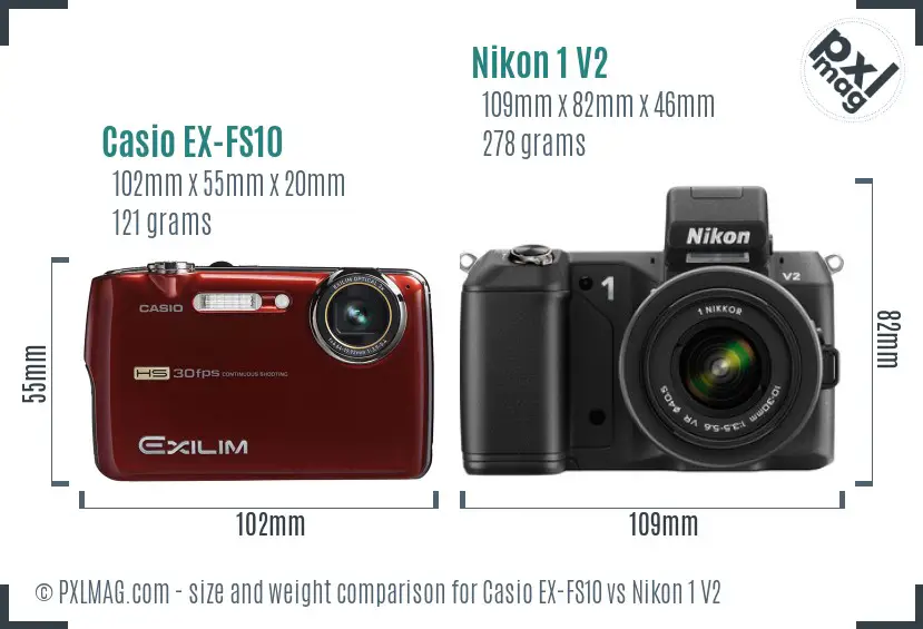 Casio EX-FS10 vs Nikon 1 V2 size comparison