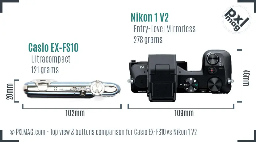 Casio EX-FS10 vs Nikon 1 V2 top view buttons comparison