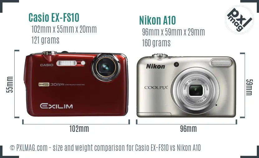 Casio EX-FS10 vs Nikon A10 size comparison