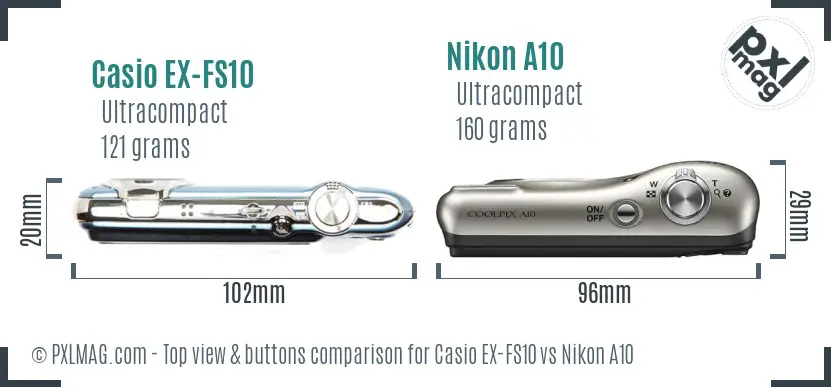 Casio EX-FS10 vs Nikon A10 top view buttons comparison