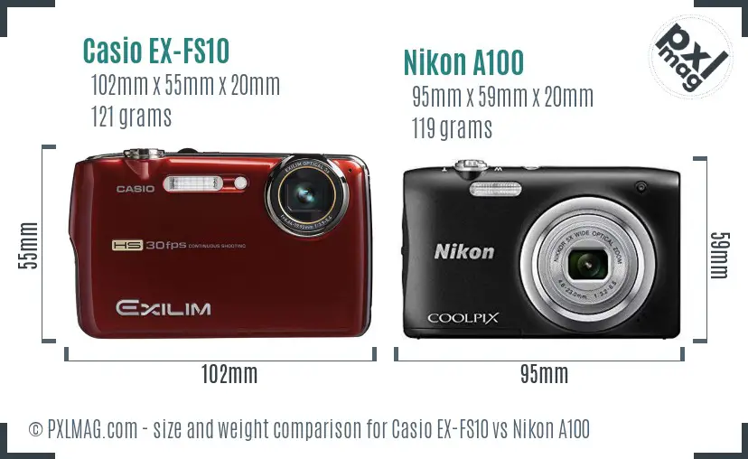 Casio EX-FS10 vs Nikon A100 size comparison