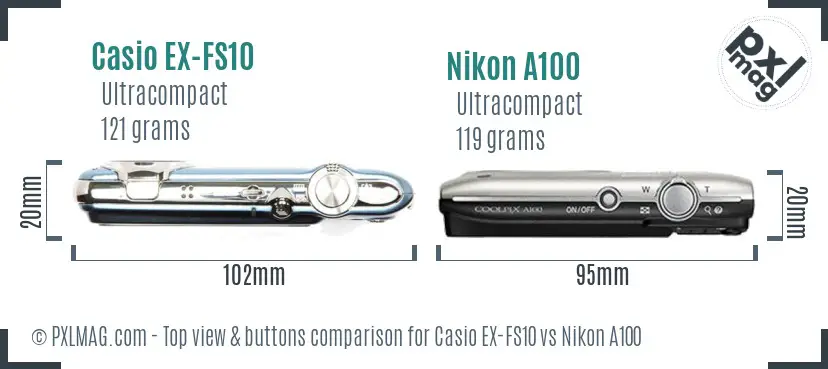 Casio EX-FS10 vs Nikon A100 top view buttons comparison