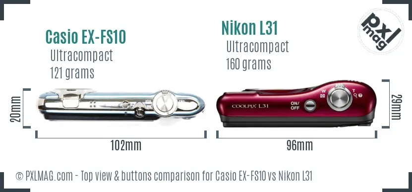 Casio EX-FS10 vs Nikon L31 top view buttons comparison