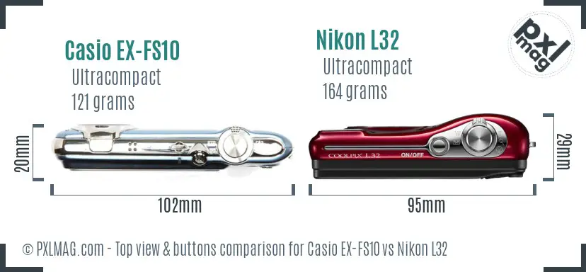 Casio EX-FS10 vs Nikon L32 top view buttons comparison