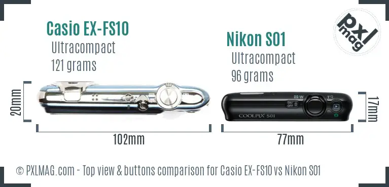 Casio EX-FS10 vs Nikon S01 top view buttons comparison Casio EX-FS10 vs Nikon S01 top view buttons comparison