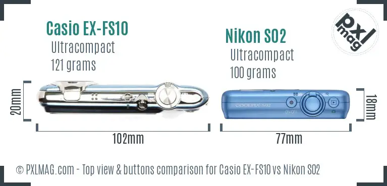 Casio EX-FS10 vs Nikon S02 top view buttons comparison