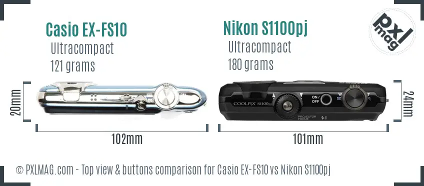 Casio EX-FS10 vs Nikon S1100pj top view buttons comparison