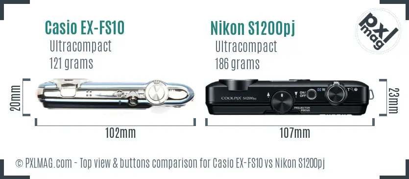 Casio EX-FS10 vs Nikon S1200pj top view buttons comparison