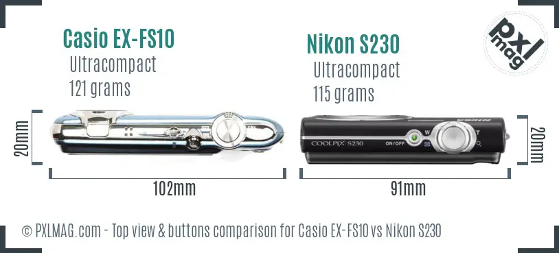Casio EX-FS10 vs Nikon S230 top view buttons comparison Casio EX-FS10 vs Nikon S230 top view buttons comparison