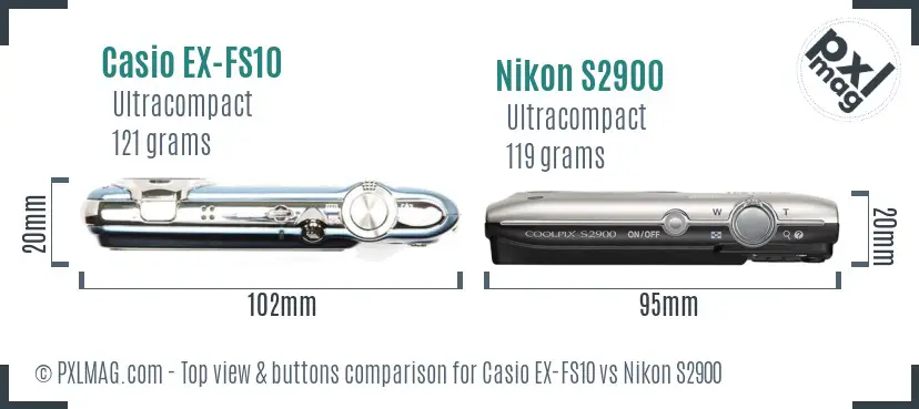Casio EX-FS10 vs Nikon S2900 top view buttons comparison Casio EX-FS10 vs Nikon S2900 top view buttons comparison