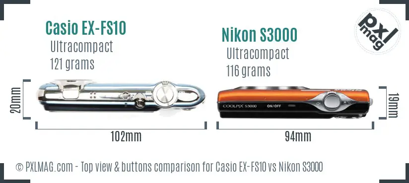 Casio EX-FS10 vs Nikon S3000 top view buttons comparison