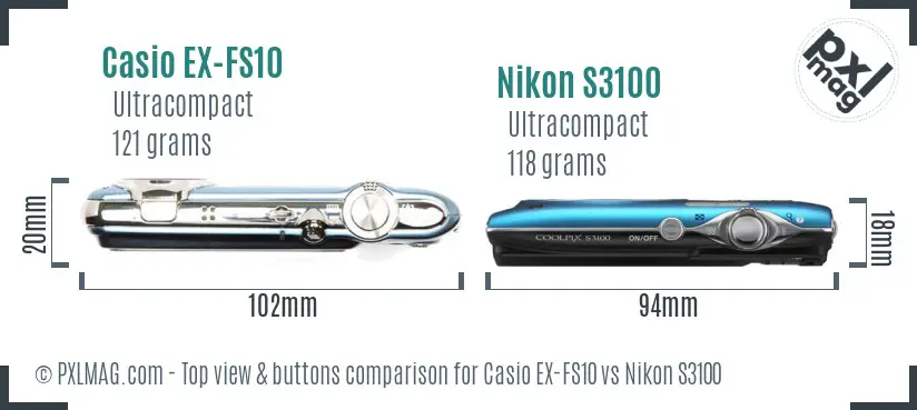 Casio EX-FS10 vs Nikon S3100 top view buttons comparison