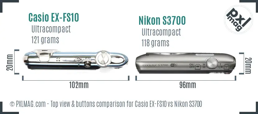 Casio EX-FS10 vs Nikon S3700 top view buttons comparison