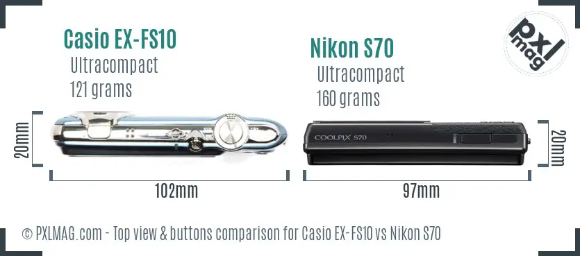 Casio EX-FS10 vs Nikon S70 top view buttons comparison