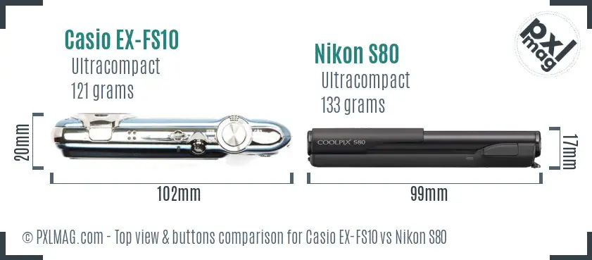 Casio EX-FS10 vs Nikon S80 top view buttons comparison