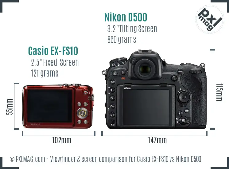 Casio EX-FS10 vs Nikon D500 Screen and Viewfinder comparison