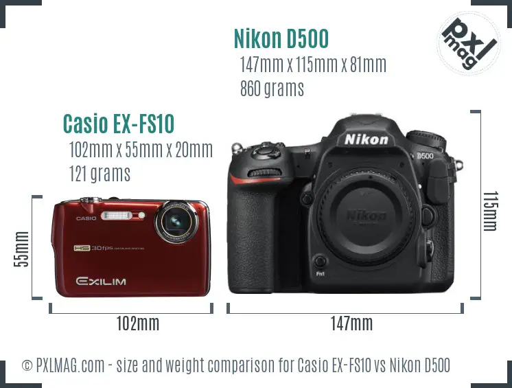 Casio EX-FS10 vs Nikon D500 size comparison