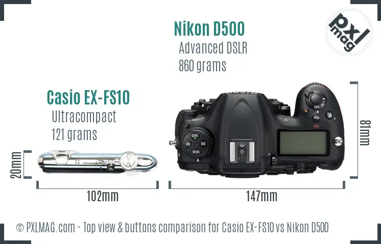 Casio EX-FS10 vs Nikon D500 top view buttons comparison