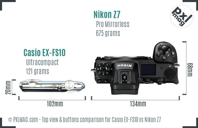 Casio EX-FS10 vs Nikon Z7 top view buttons comparison