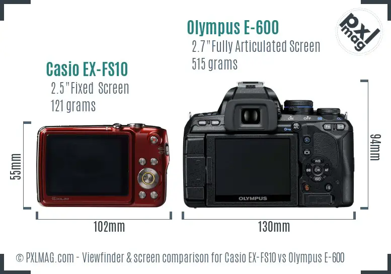 Casio EX-FS10 vs Olympus E-600 Screen and Viewfinder comparison