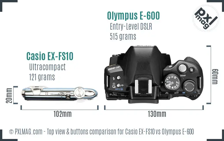 Casio EX-FS10 vs Olympus E-600 top view buttons comparison