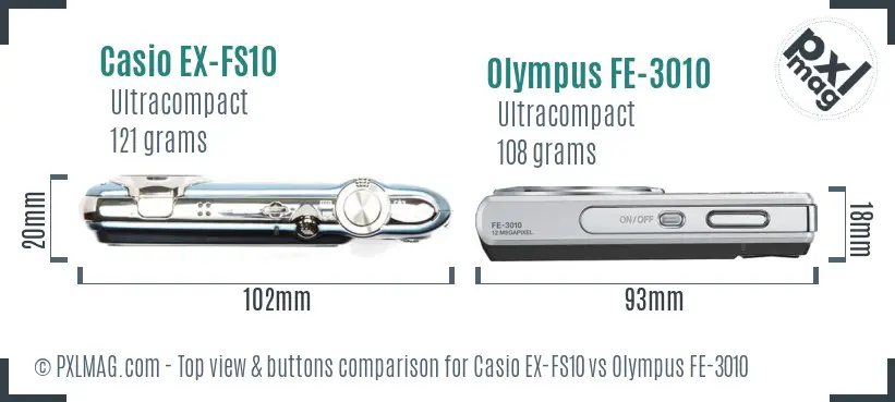 Casio EX-FS10 vs Olympus FE-3010 top view buttons comparison