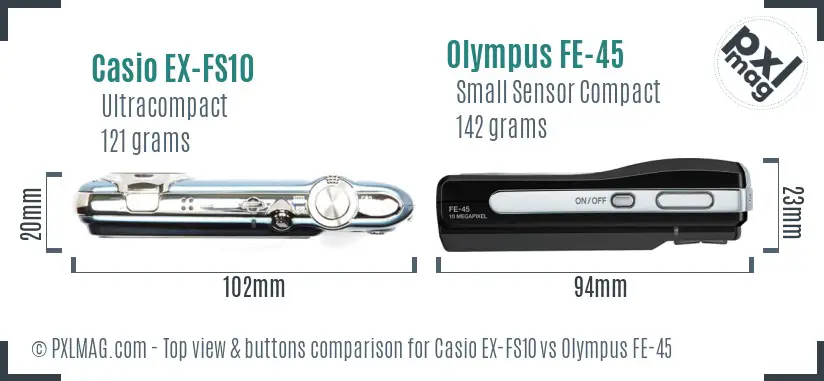 Casio EX-FS10 vs Olympus FE-45 top view buttons comparison