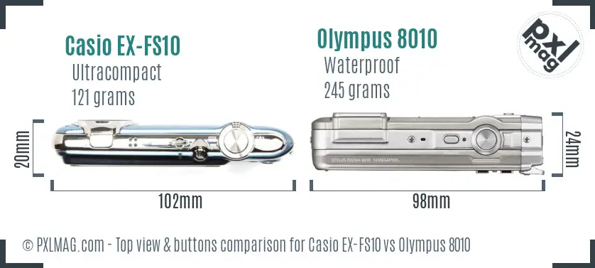 Casio EX-FS10 vs Olympus 8010 top view buttons comparison Casio EX-FS10 vs Olympus 8010 top view buttons comparison