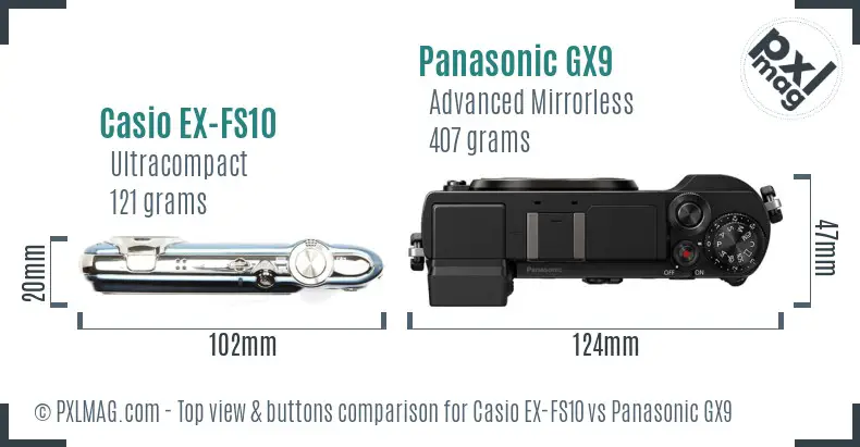 Casio EX-FS10 vs Panasonic GX9 top view buttons comparison