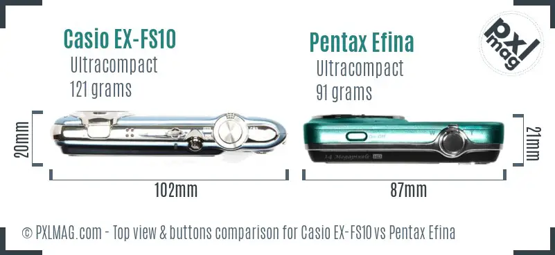 Casio EX-FS10 vs Pentax Efina top view buttons comparison