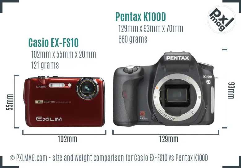 Casio EX-FS10 vs Pentax K100D size comparison