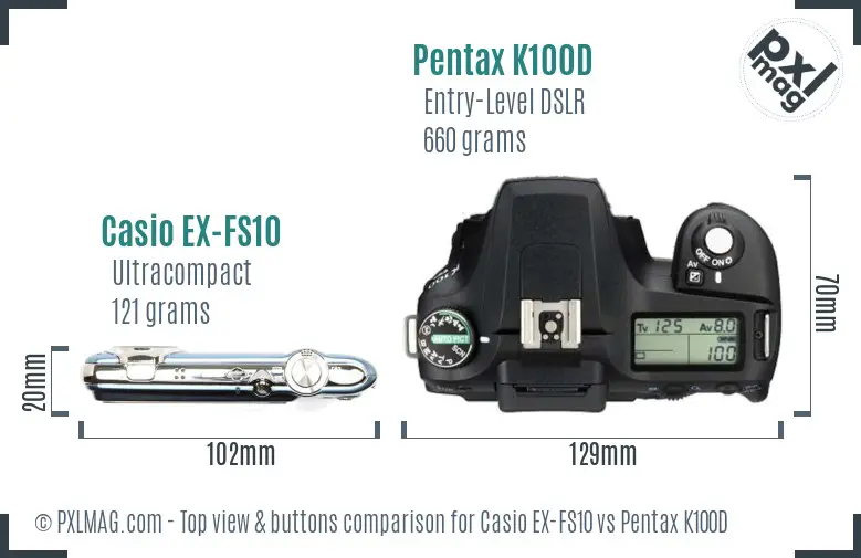 Casio EX-FS10 vs Pentax K100D top view buttons comparison