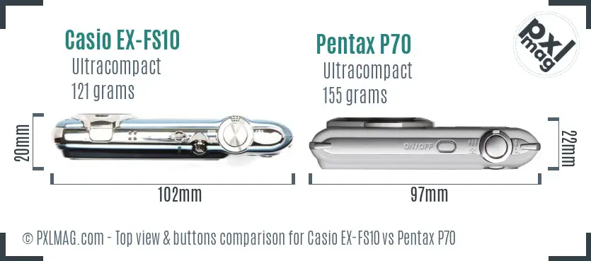 Casio EX-FS10 vs Pentax P70 top view buttons comparison