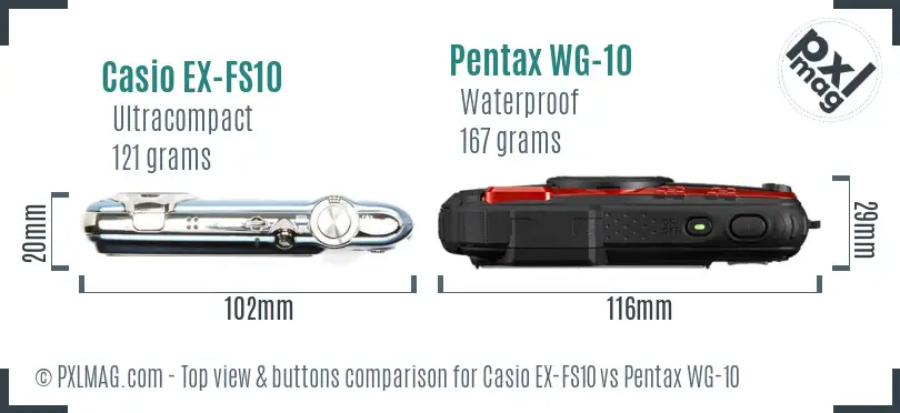 Casio EX-FS10 vs Pentax WG-10 top view buttons comparison
