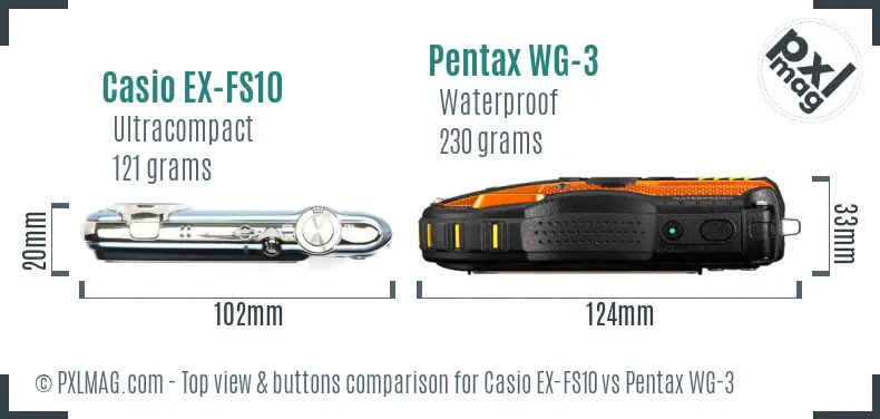 Casio EX-FS10 vs Pentax WG-3 top view buttons comparison