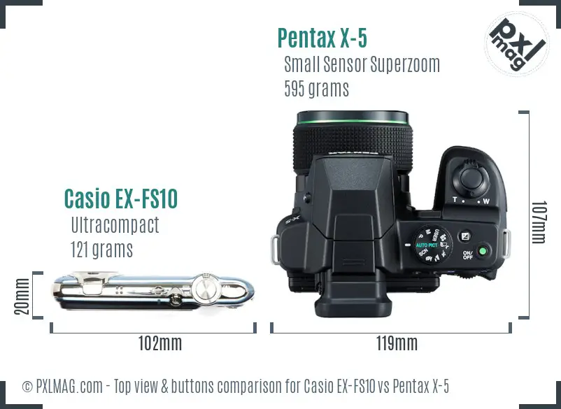 Casio EX-FS10 vs Pentax X-5 top view buttons comparison