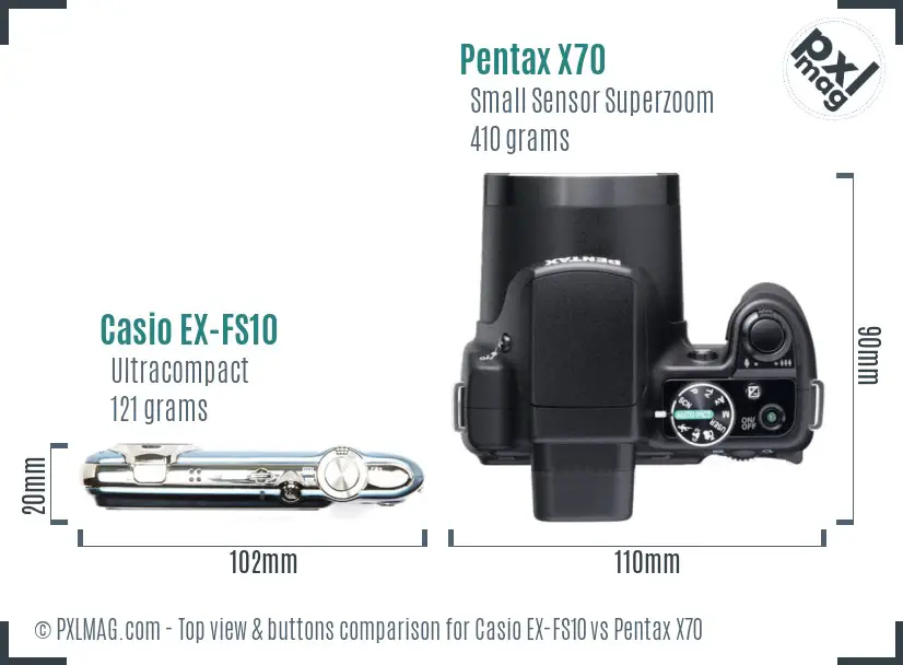 Casio EX-FS10 vs Pentax X70 top view buttons comparison Casio EX-FS10 vs Pentax X70 top view buttons comparison
