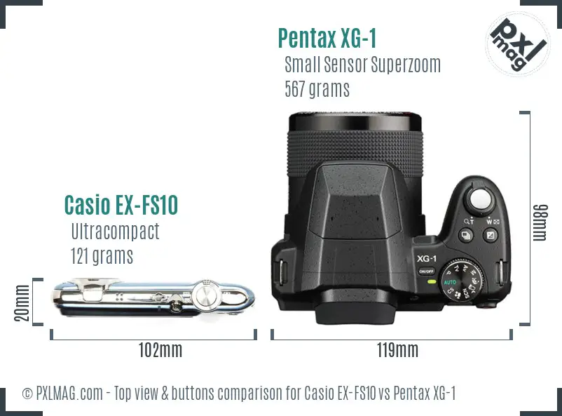 Casio EX-FS10 vs Pentax XG-1 top view buttons comparison Casio EX-FS10 vs Pentax XG-1 top view buttons comparison