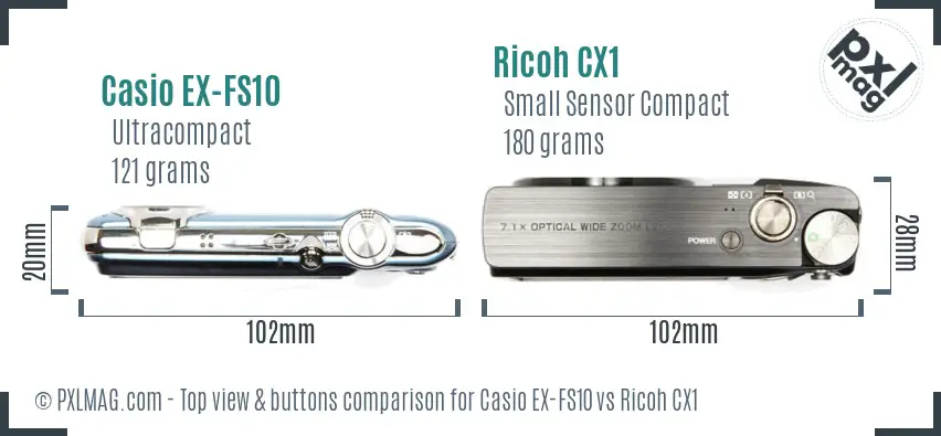 Casio EX-FS10 vs Ricoh CX1 top view buttons comparison