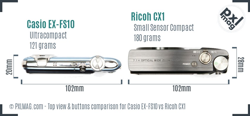 Casio EX-FS10 vs Ricoh CX1 top view buttons comparison