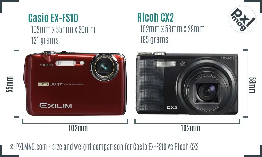 Casio EX-FS10 vs Ricoh CX2 size comparison