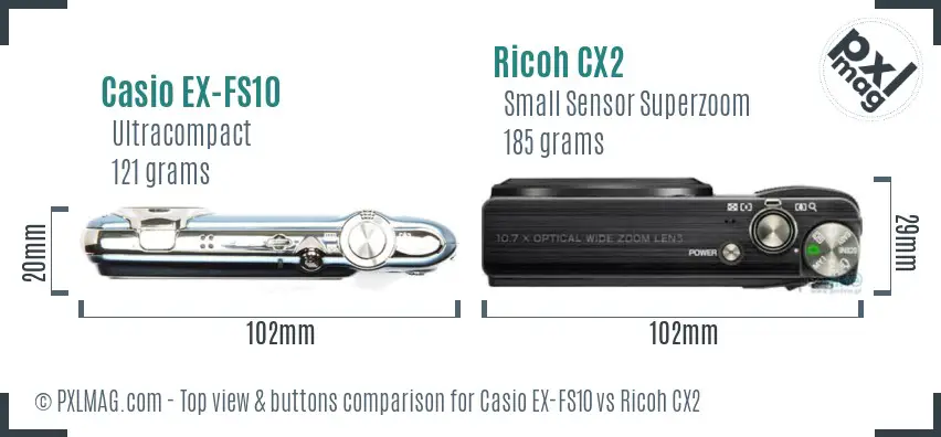 Casio EX-FS10 vs Ricoh CX2 top view buttons comparison