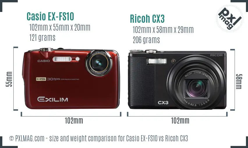 Casio EX-FS10 vs Ricoh CX3 size comparison